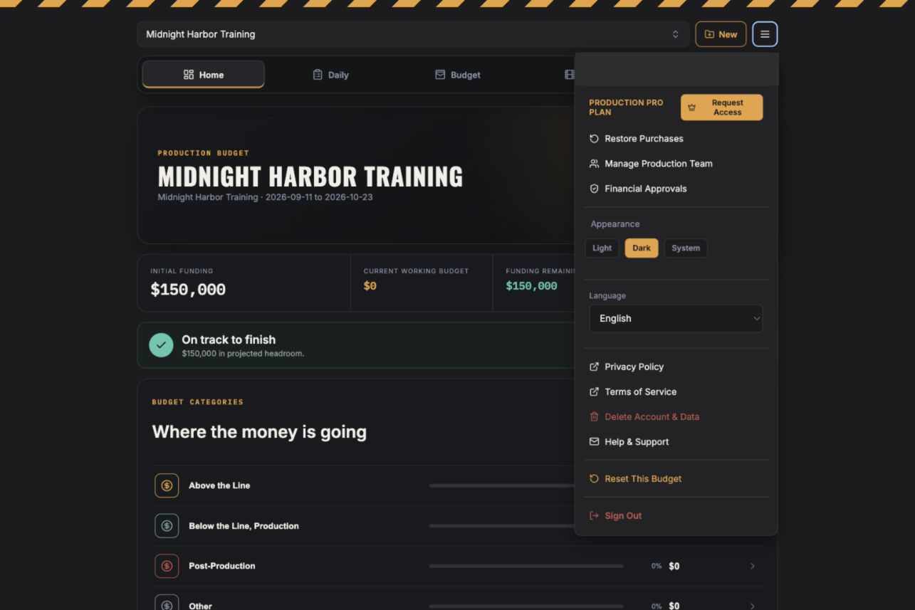 ReelCost language and appearance settings